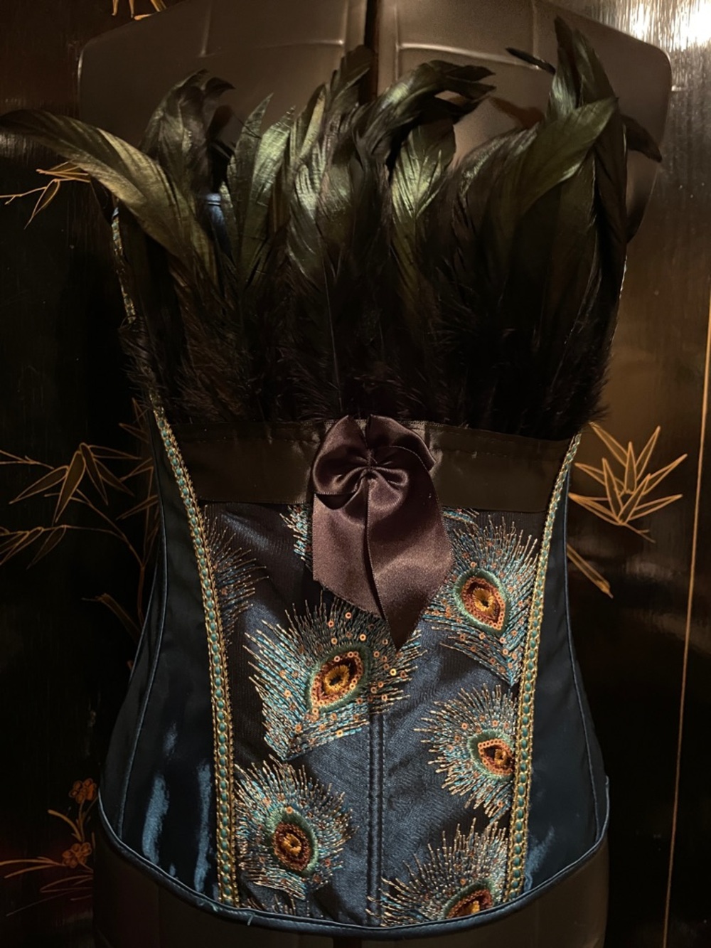 Peacock Embroidered Satin Bustier Corset - Black/Teal